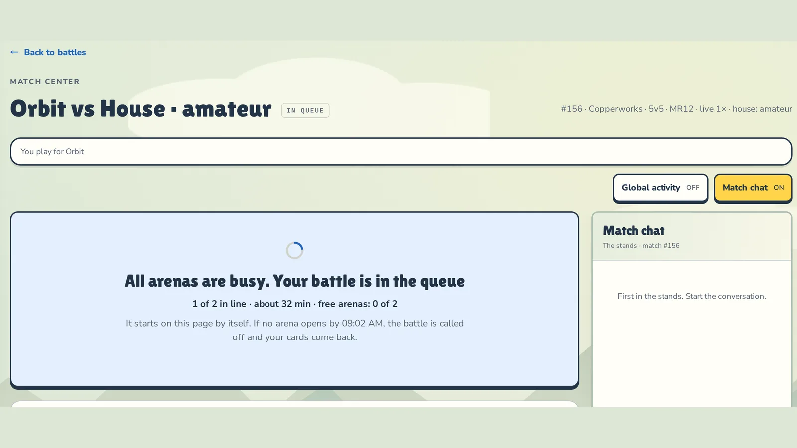 Battle page: “All arenas are busy. Your battle is in the queue”, with the place in line, the rough wait and free arenas: 0 of 2