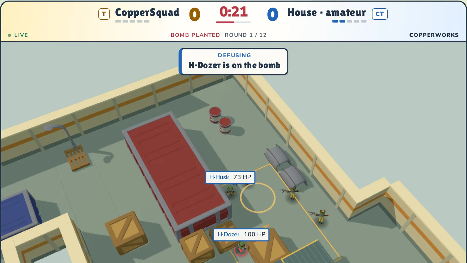 A live match in the player: CopperSquad against the House team, a bot defusing the bomb on Copperworks