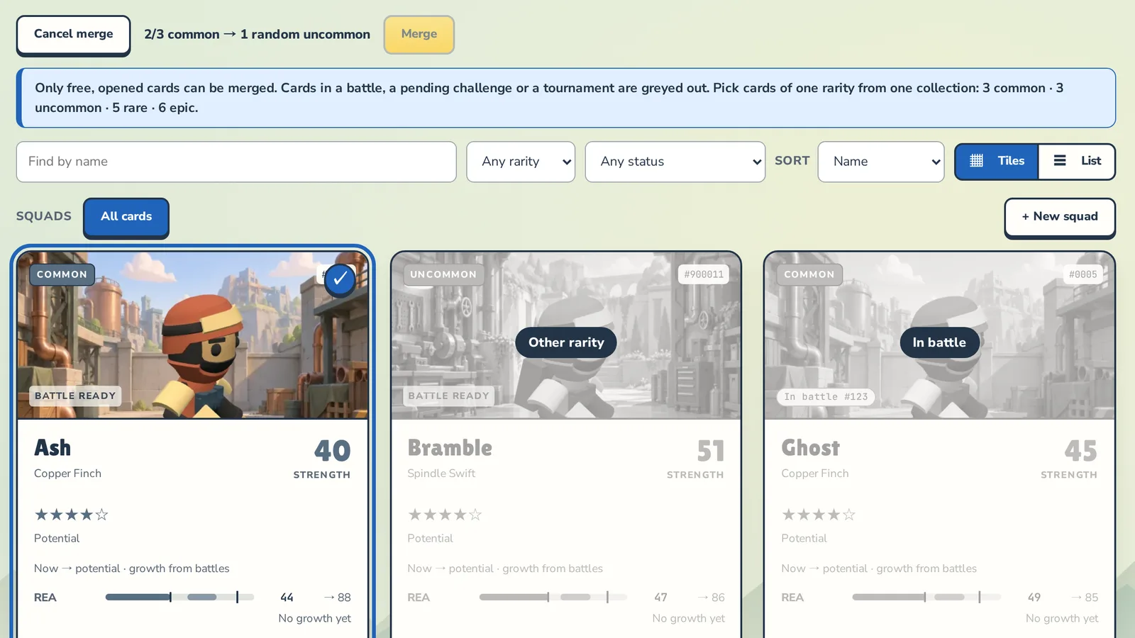 Merge mode in the collection: the picked common card is highlighted, the cards that can't go in are grey with the reason on top