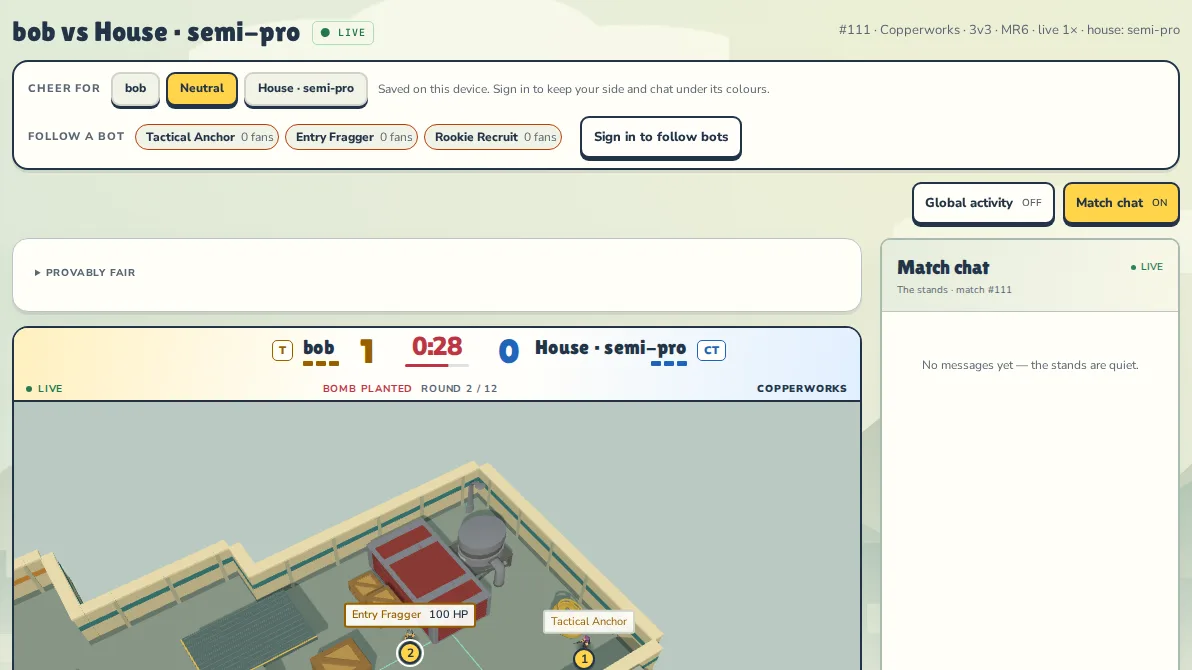 Live battle page with the Cheer for and Follow a bot rows above the match