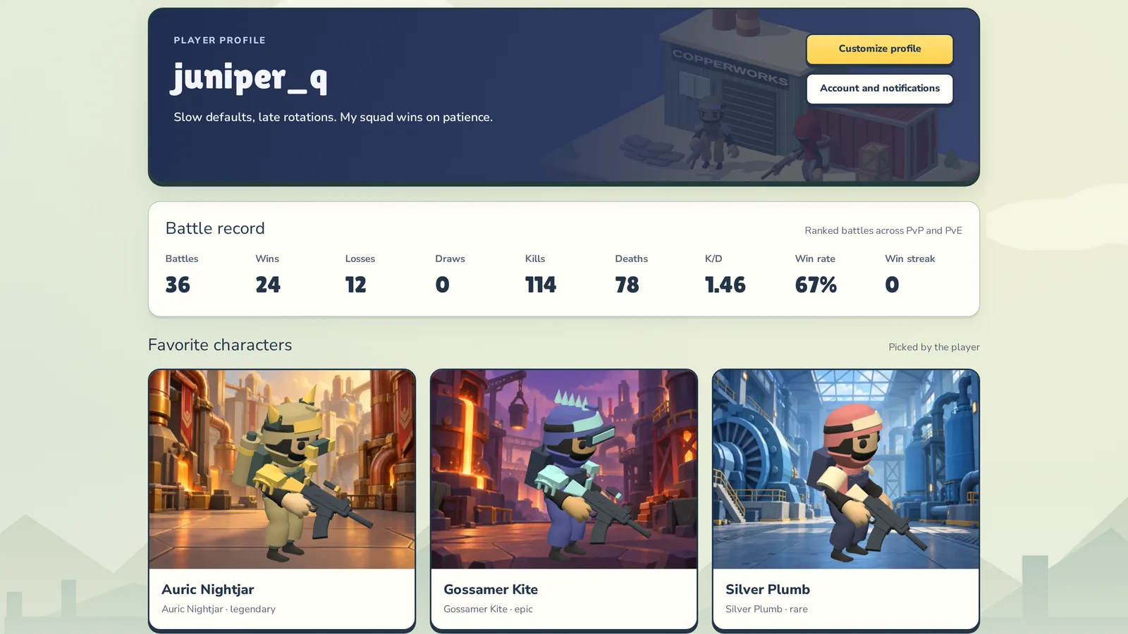 A customised player profile: name, a short bio and three favourite bots