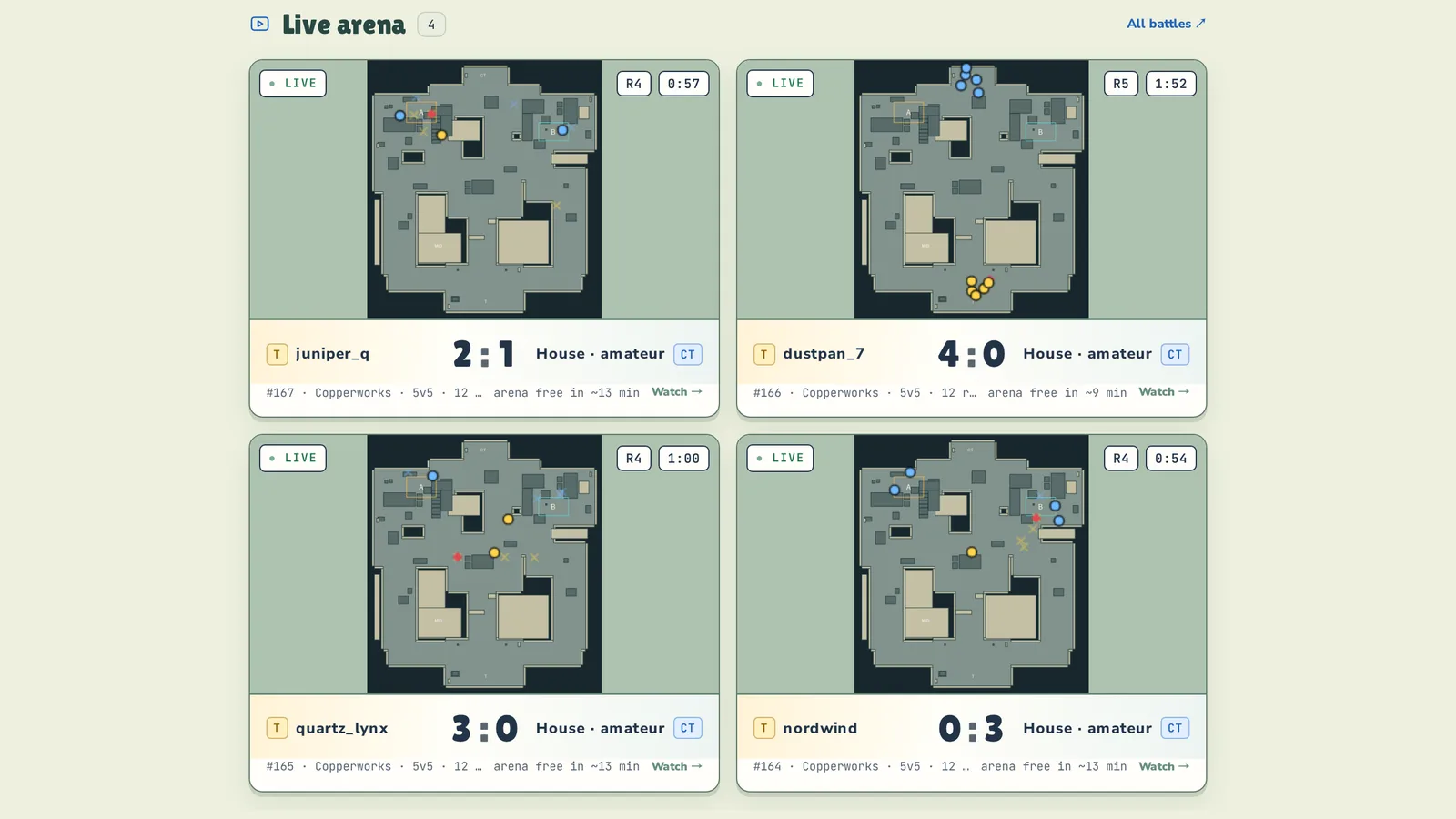 The lobby's Live arena section with four matches on air at once