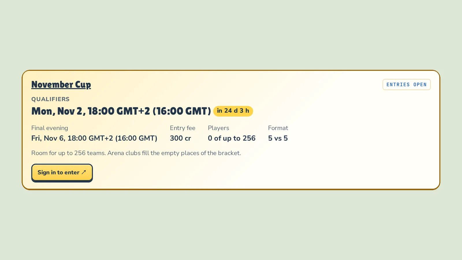 The November Cup block in the lobby: qualifiers from Monday, November 2, final evening on Friday, November 6, 300 cr entry, room for up to 256 teams, 5 vs 5