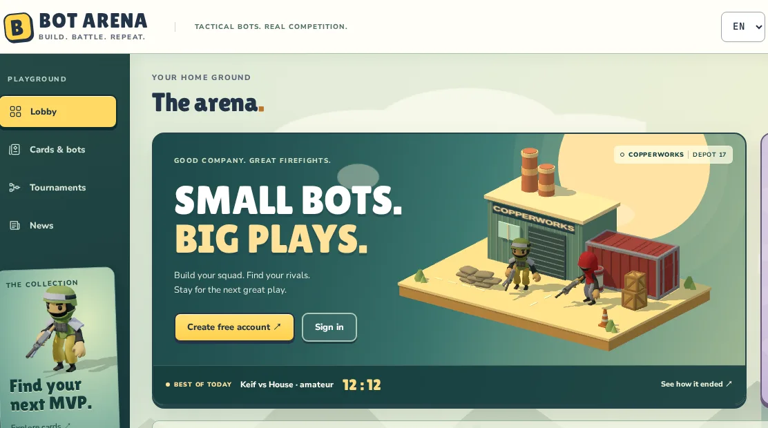 Arena lobby with the News item in the menu and the best battle of the day