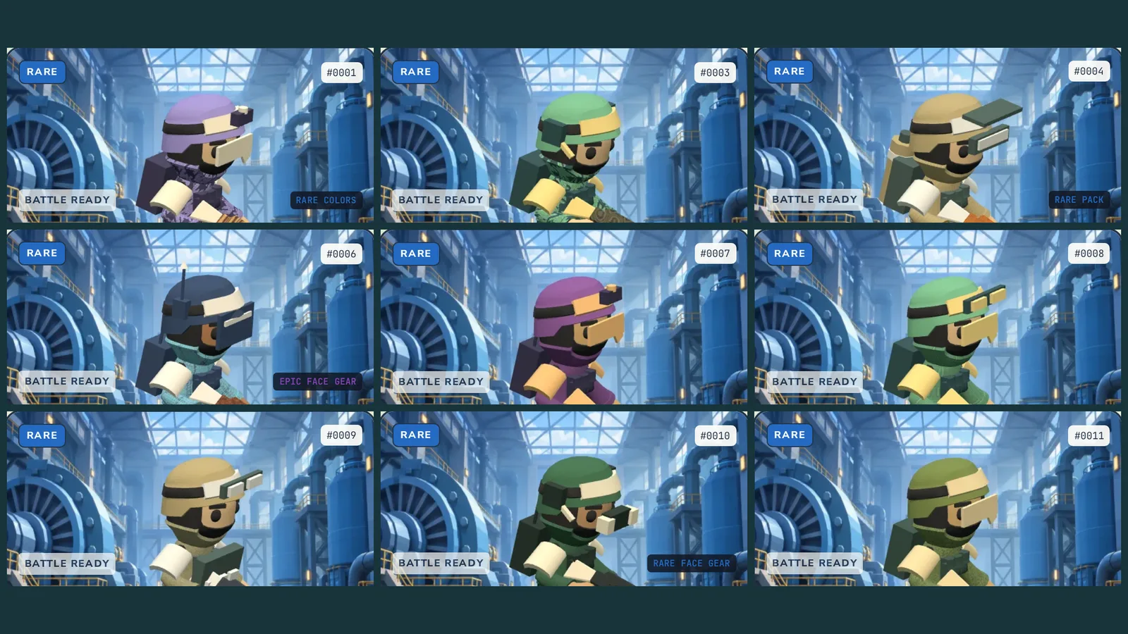 Nine fighters from one collection, each with different colors, headgear, face gear and jacket fabric