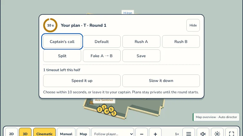 Plan picker over the map: attack plans, a ten-second timer and two coach timeout buttons