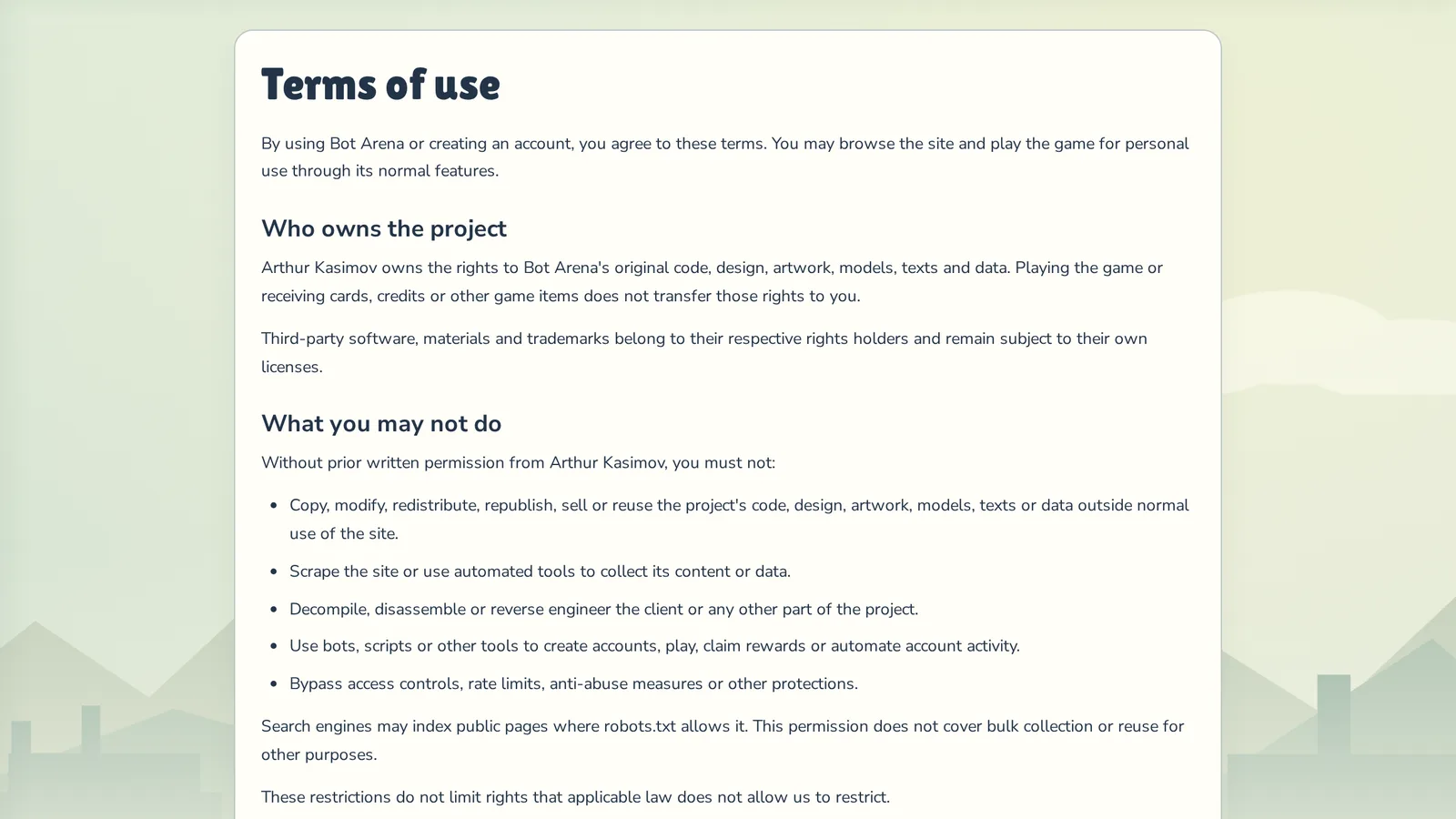 The Terms of use page on Bot Arena with sections on who owns the project and what you may not do