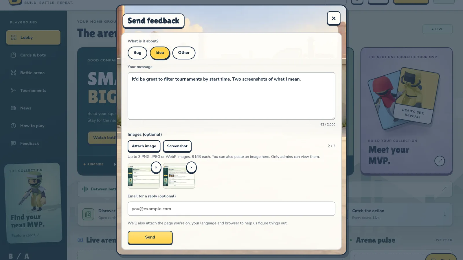 The Send feedback window over the lobby: Idea selected, two images attached, Attach image and Screenshot buttons