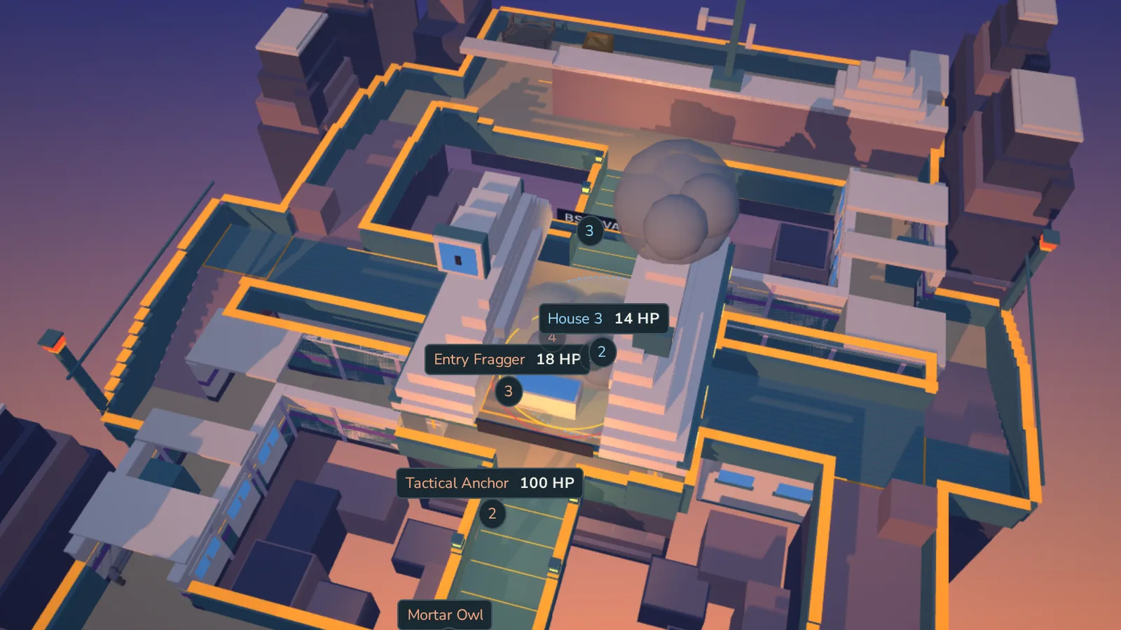 Coach Blitz in 3D: smoke rises over the Stargazer objective while bots trade fire on the point, with name and health tags above them