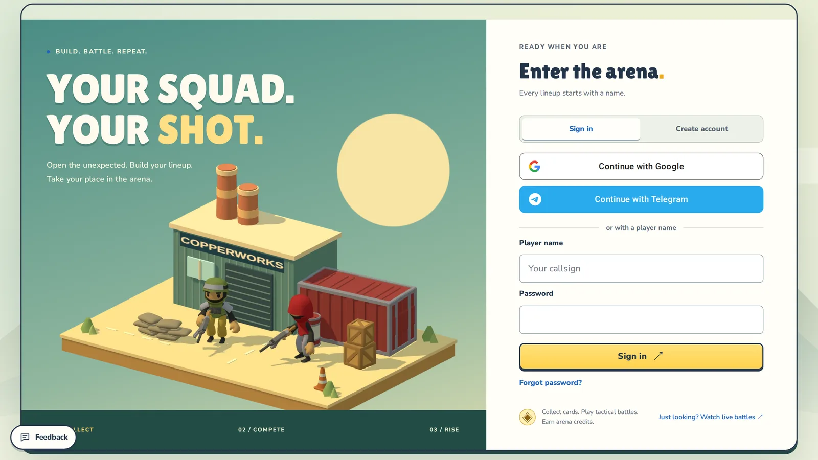 BotRival sign-in page with the Google and Telegram buttons