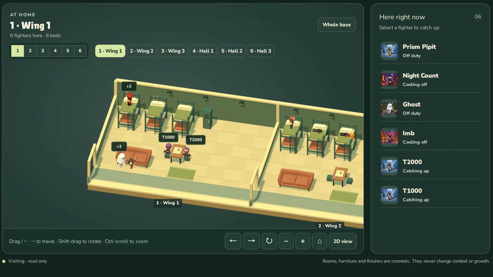 The barracks in 3D: a wing with bunks, a sofa and a table, fighters at home and a list of what they're up to