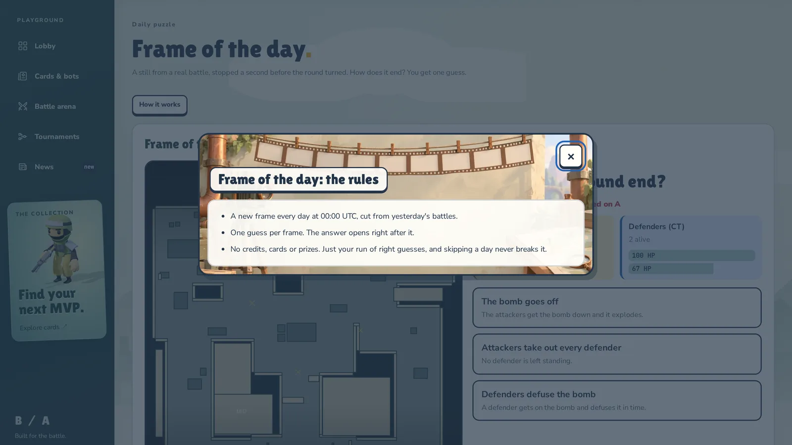 Frame of the day rules in a neat window over the puzzle page