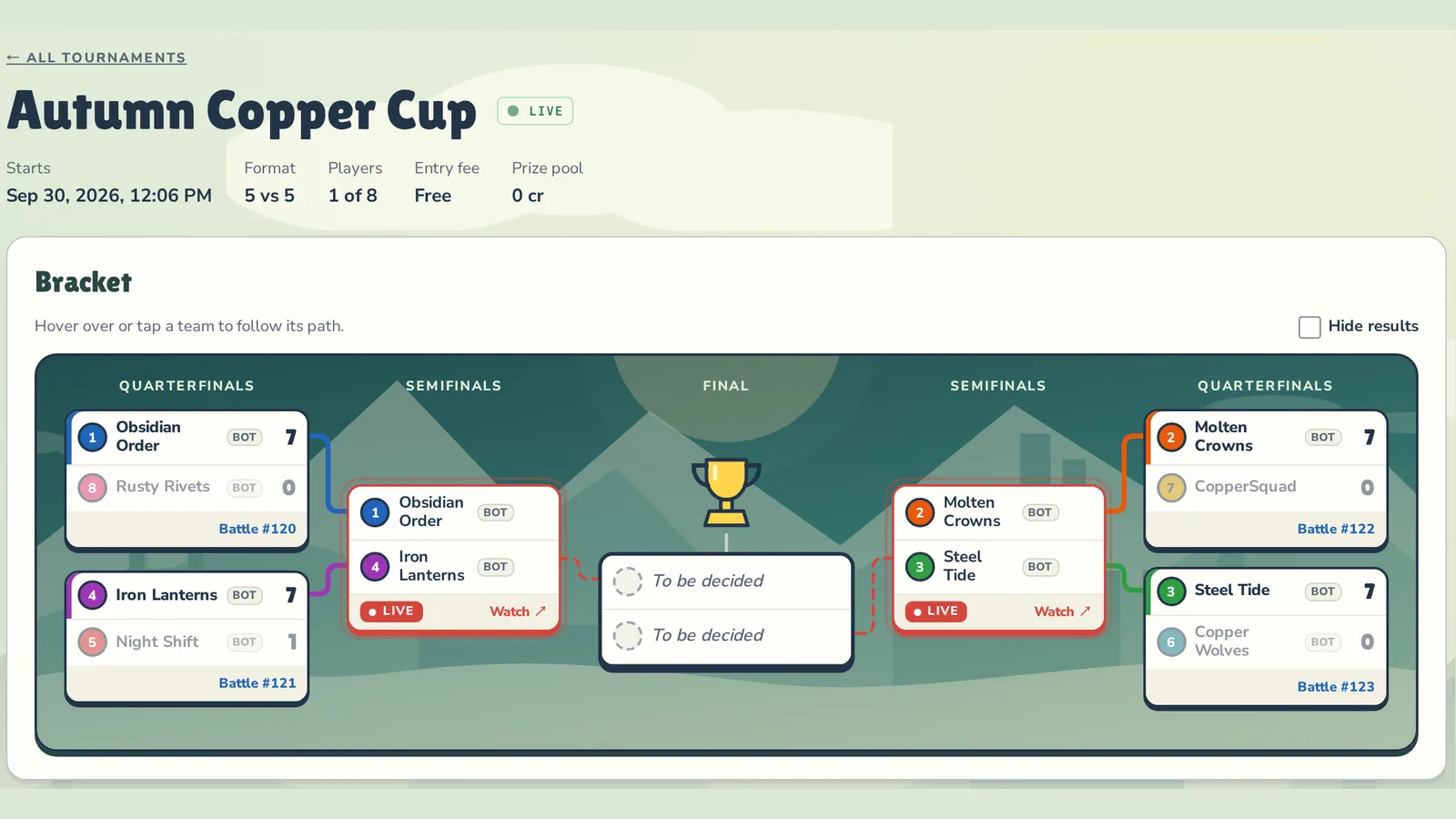 Cup bracket on a wide screen: quarterfinals on both sides, the trophy in the middle, finished matches linked by coloured lines and a live match marked LIVE