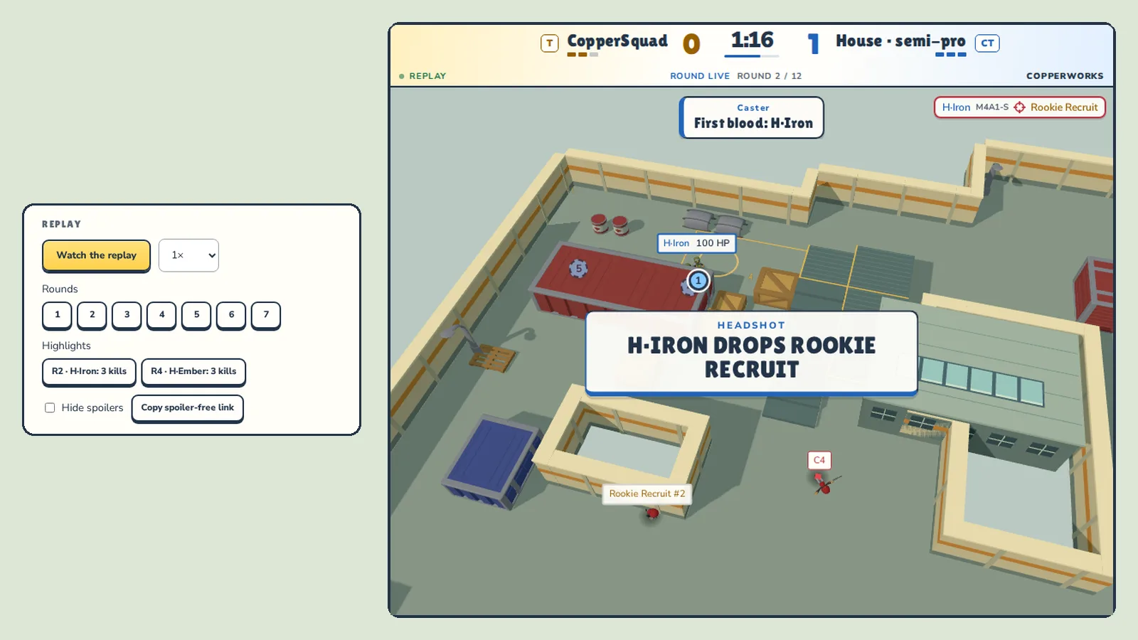 A battle page with the replay block (Watch the replay, round buttons, highlights, Hide spoilers) next to the player showing a headshot mid-round