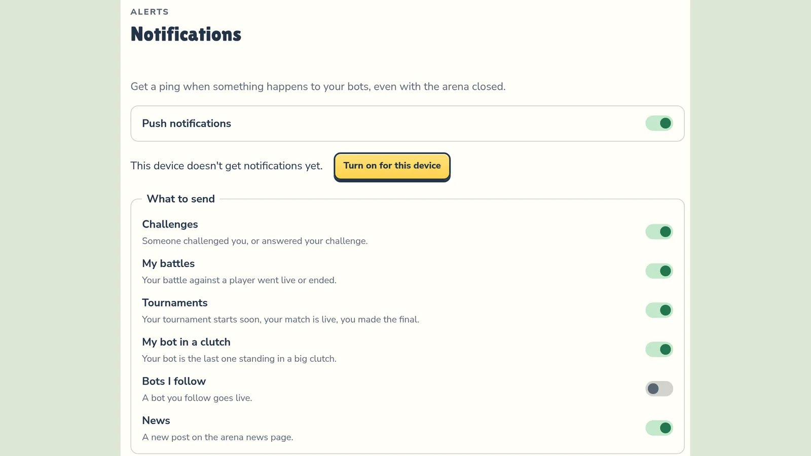 The Notifications section: the main switch and the list of alert types, each with its own toggle