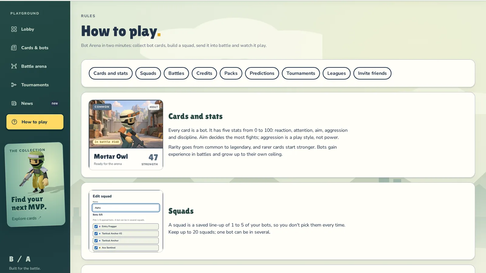 The How to play page: list of sections and the Cards and stats section with a bot card