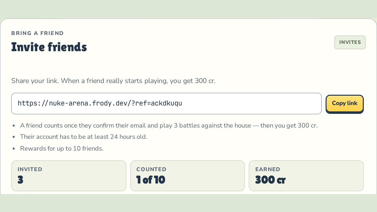 Invite friends section on the Wallet page: personal invite link, rules and counters for invited and counted friends