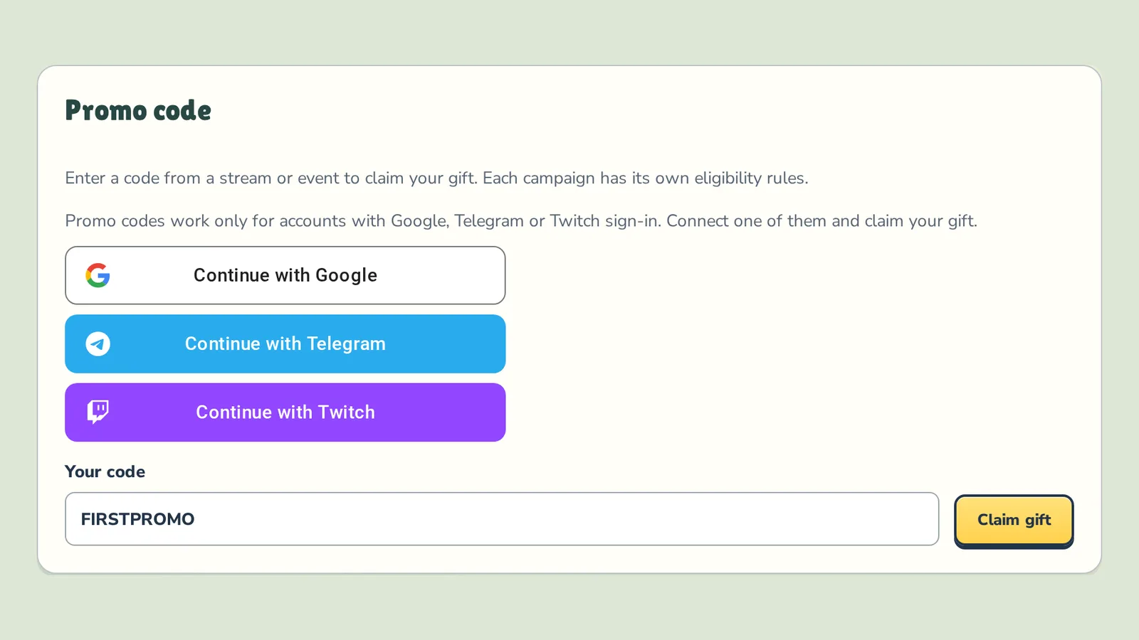Блок «Промокод» в кошельке: введён код FIRSTPROMO, кнопки входа через Google, Telegram и Twitch (английский интерфейс)