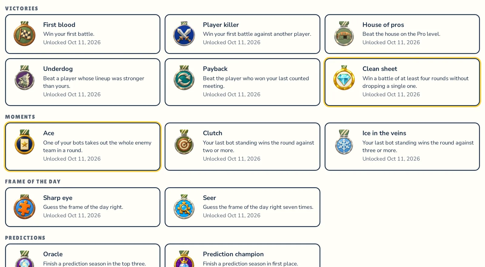 The Achievements page with colored medals for unlocked achievements