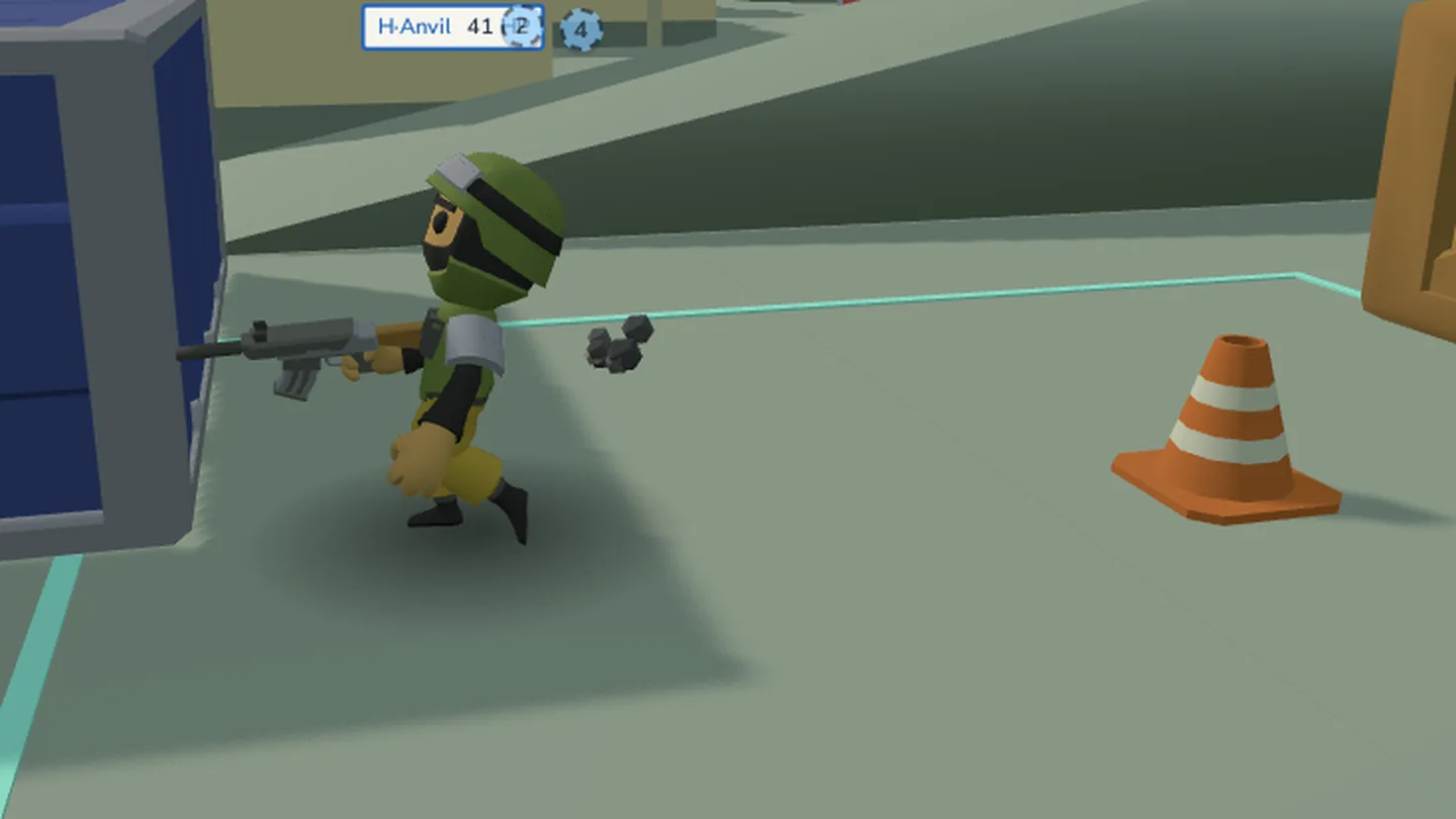 A bot in the 3D view takes a hit: a small grey puff flies off behind him along the shot